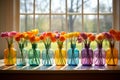 Different colored tulips in different colored glass vases in a row on the windowsill Royalty Free Stock Photo