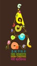 Different and colorful Christmas card decorated with abstract Xmas tree in several languages dark brown CHINESE