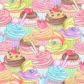 Different colorful cupcakes dense seamless pattern