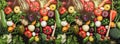 Different colorful fresh vegetables all over the table in full frame. Healthy food and with many vitamins. Top view