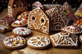Different colorful gingerbread glazed cookies and gingerbread house parts prepared on wooden table.