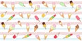 Seamless pattern with different colorful ice cream cone and popsicle on a soft striped background with dots Royalty Free Stock Photo