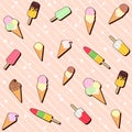 Seamless pattern with colorful ice cream cone and popsicle on a striped pink background with small stars Royalty Free Stock Photo