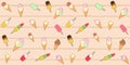 Sweet seamless pattern with colorful ice cream cones and popsicle on a beige striped background with white polka dots