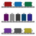 Different colorful luggage bag. suitcase set on conveyor belt. Baggage claim at terminal airport travel bags vector background Royalty Free Stock Photo