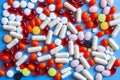 Different colorful many pills in abstract style. Healthy background. Health care, medical concept. Royalty Free Stock Photo