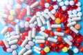 Different colorful many pills in abstract style. Healthy background. Health care, medical concept. Royalty Free Stock Photo