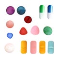 Different Colorful Medicine Pills and Capsules. Vector Set. Isolated On white background