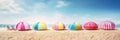 Different colorful multicolored beach umbrellas and deck chairs on stunning tropical beach near sea water over blue sky. Summer