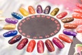 Different colorful nails polish manicure palette Background. Samples of nail varnishes. False Display Nail Art Fan Wheel Polish Pr Royalty Free Stock Photo