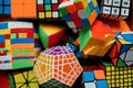 Different colorful puzzle cubes, closeup view