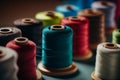 Different colorful sewing threads on wooden table, closeup