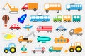 Different colorful transport for children, fun education game for kids, preschool activity, set of stickers, vector illustration