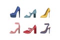 Different colorful women shoes set. High heels stiletto womens shoe collection. Fashion footwear for girls.