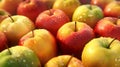 Different colors of apples, clustered together, bathe in the sunny daylight. Hyperrealistic.