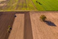 Different colors of fields and arable land with a tractor as well as different trees and flower strips