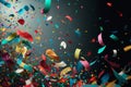 Different colors and forms confetti fired on air, background, AI generated