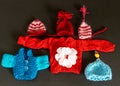 different colors knitted doll clothes, adorable collection of knitted doll clothes