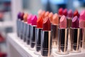 Different colors of lipstick testers on the shop window in the cosmetic store. Test sample. Front view Royalty Free Stock Photo