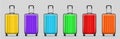 Different colors luggage. Realistic modern travel plastic bags standing in row, shockproof bright flight suitcases on