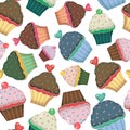 Different colors muffins cakes simple drawing seamless pattern