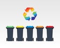 Different colors recycle bins isolated on white background. Flat style. Vector. Royalty Free Stock Photo