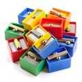 Different colors of sharpener in box isolated white Royalty Free Stock Photo