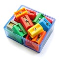Different colors of sharpener in box isolated. Royalty Free Stock Photo