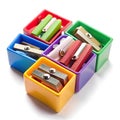 Different colors of sharpener in box isolated Royalty Free Stock Photo