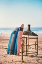 Different colors of surf on a the sandy beach in Casablanca - Morocco. Beautiful view on sandy beach and ocean. Surf boards for re Royalty Free Stock Photo
