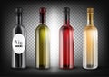 Different colors wine bottles set. Black, transparent - green, red pink, rose and white bottles Royalty Free Stock Photo