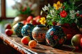 Folk art in the form of hand-painted clay jugs. Royalty Free Stock Photo