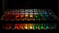 Different coloured Test tubes filled with chemicals sample for experimental in chemistry science laboratory. Glassware in medical Royalty Free Stock Photo