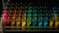 Different coloured Test tubes filled with chemicals sample for experimental in chemistry science laboratory. Glassware in medical Royalty Free Stock Photo