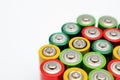 Different colours of batteries on white background. Close up of positive ends batteries, selective focus. Used battery for