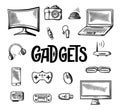 Different computer gadgets icon. Doodle illustration isolated on white background. Hand drawn sketch drawing, electronic la