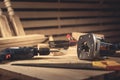 Different construction tools with Hand tools for home renovation on wooden board maintenance Royalty Free Stock Photo