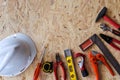 Different construction tools with Hand tools for home renovation on wooden board maintenance and reparing concept Royalty Free Stock Photo