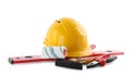Different construction tools and hard hat isolated