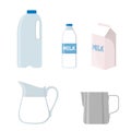 Different containers with milk. Collection of glass, jug, carton and bottles in cartoon style.