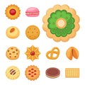 Different cookie cakes top view sweet food tasty snack biscuit sweet dessert illustration.