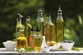 Different cooking oils and ingredients on wooden table against blurred green background Royalty Free Stock Photo
