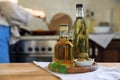 Different cooking oils and ingredients on wooden table indoors. Space for text Royalty Free Stock Photo