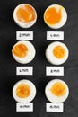 Different cooking time and readiness stages of boiled chicken eggs on table, flat lay Royalty Free Stock Photo