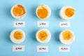 Different cooking time and readiness stages of boiled chicken eggs on blue background, flat lay Royalty Free Stock Photo