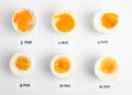 Different cooking time and readiness stages of boiled chicken eggs on background, flat lay Royalty Free Stock Photo