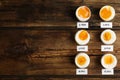 Different cooking time and readiness stages of boiled chicken eggs on table, flat lay. Space for text Royalty Free Stock Photo