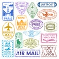 Different countries air plane post stamp delivery mail postmark illustration.