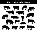 Different cows silhouettes set