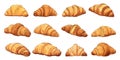 Different croissant. Cartoon sketch style croissants, isolated on white background. Fresh bakery elements, french